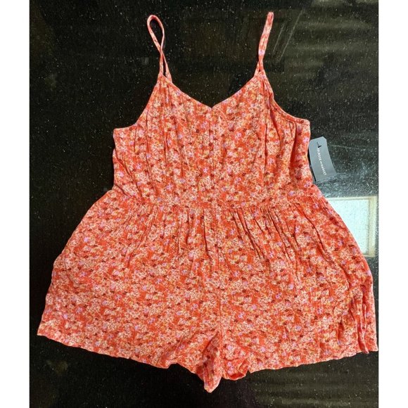 Market & Melrose Orange Floral Romper V-Neck Pockets Side Zipper Large NWT - Picture 2 of 15